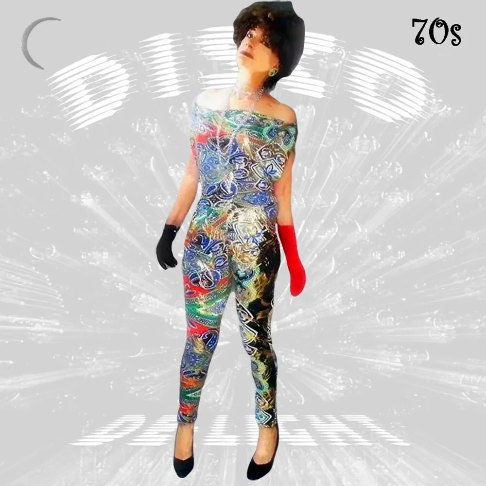 SOLD 70s Disco Bodycon Jumpsuit Gold Foil Multicolor Vintage KNOCKOUT Visual Kei